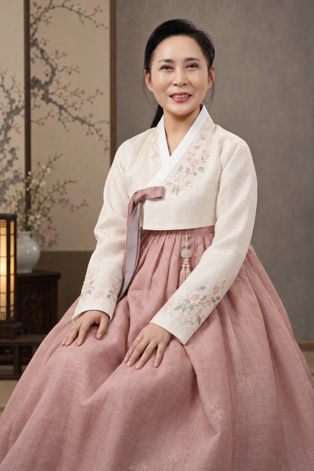 한복을 입고 미소 짓는 소명 선생님